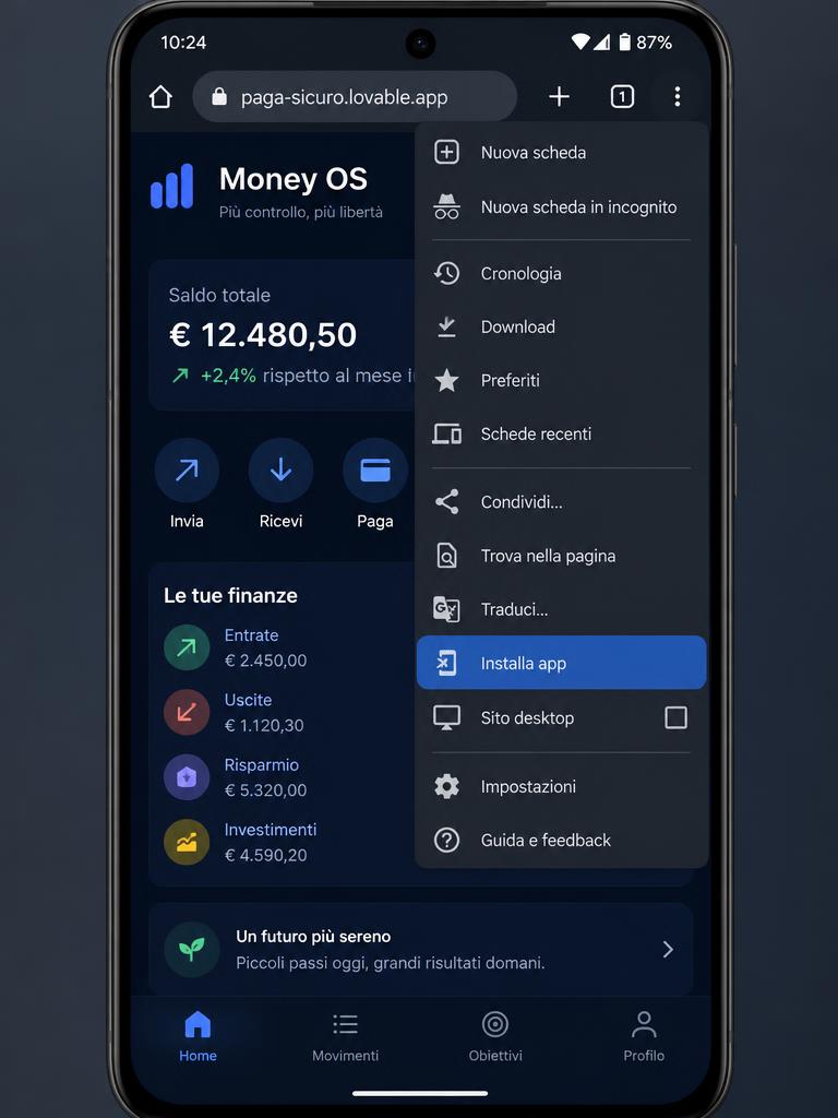 Menu di Chrome su Android aperto con la voce Installa app evidenziata