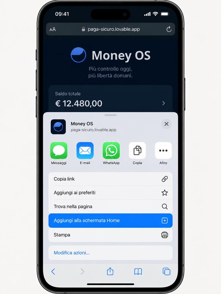 Pannello Condividi di Safari con la voce Aggiungi alla schermata Home evidenziata